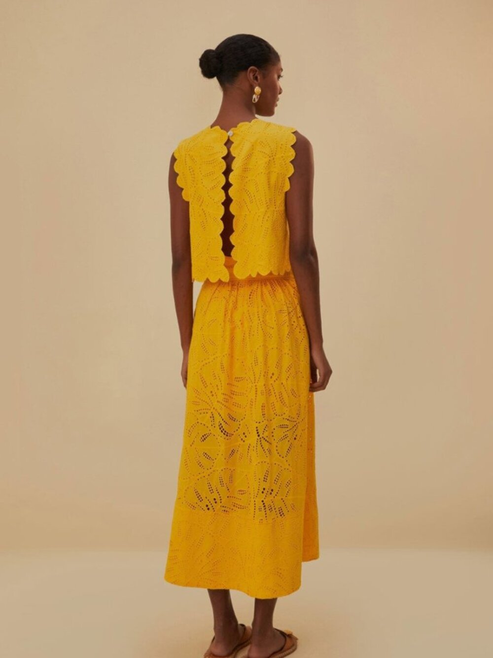 FARM Rio Yellow Monstera Eyelet Maxi Dress and Crop Top Set Size L